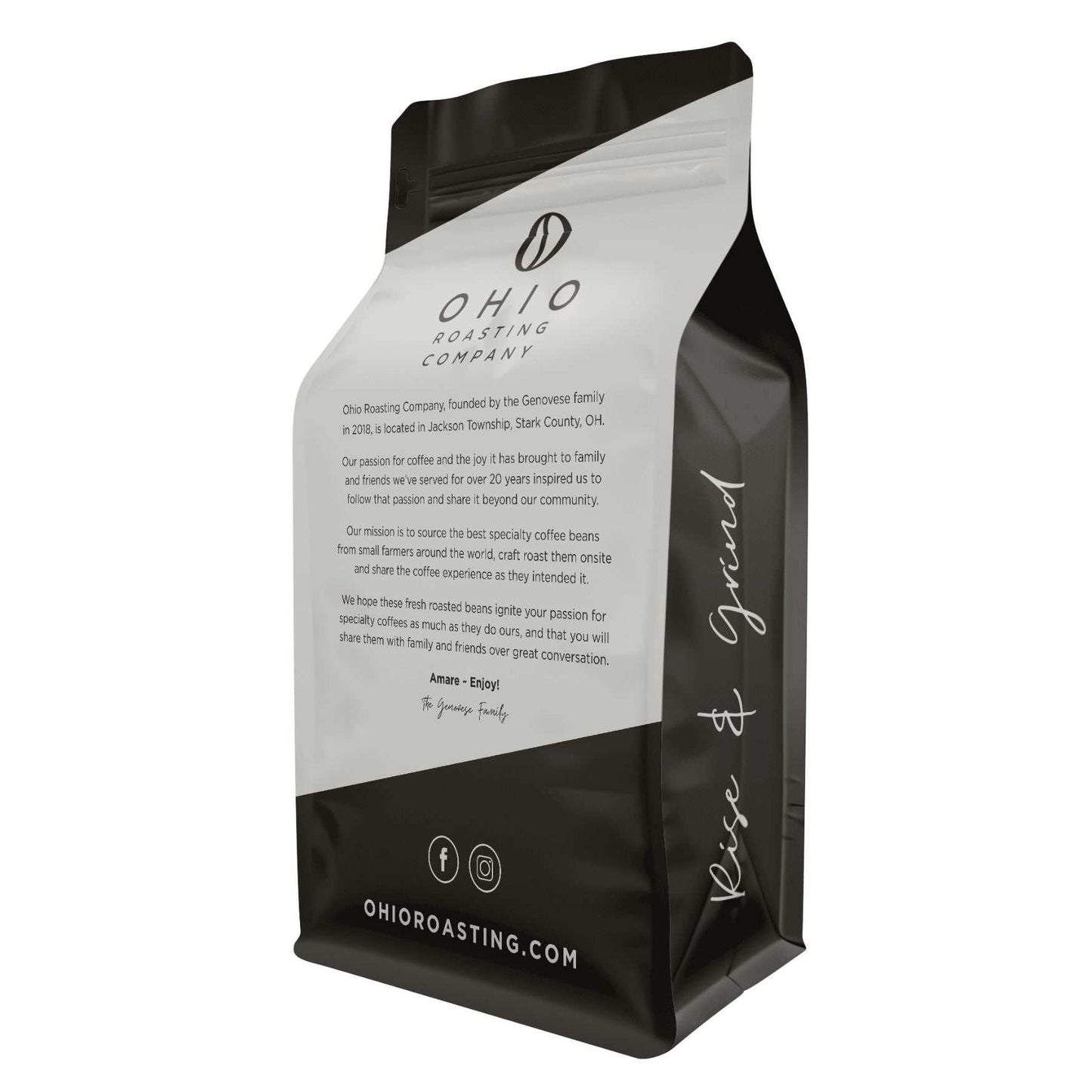 ORC House Blend coffee cup with highway I-77 background, medium roast brewed as batch, espresso, cold brew, and nitro