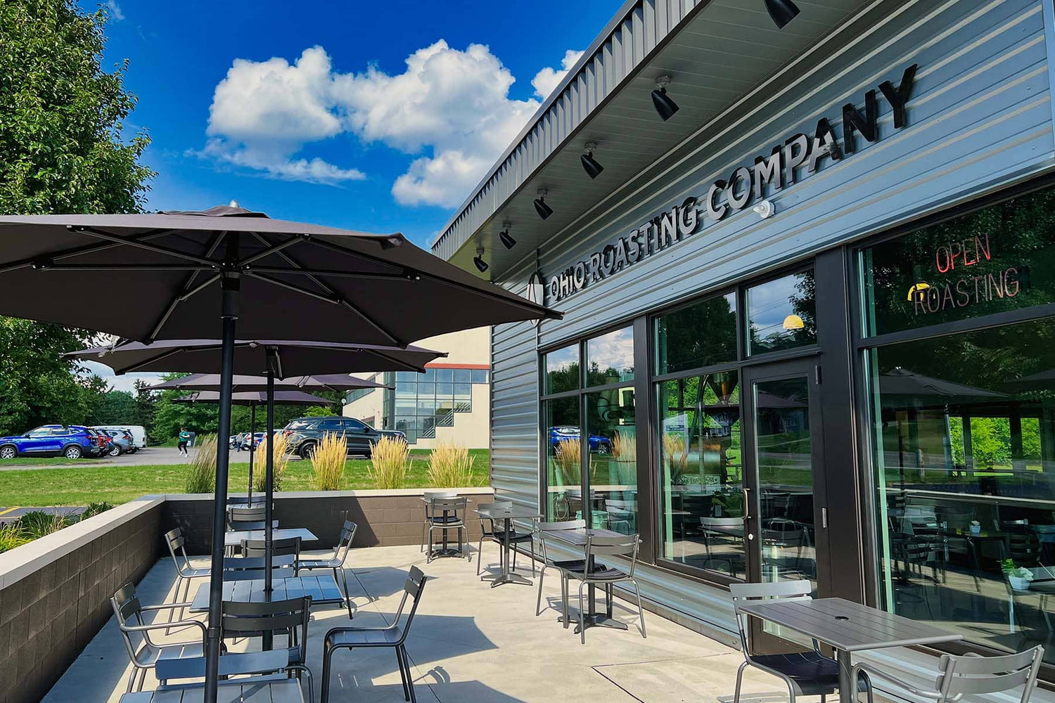 Patio and front of the Ohio Roasting Company building