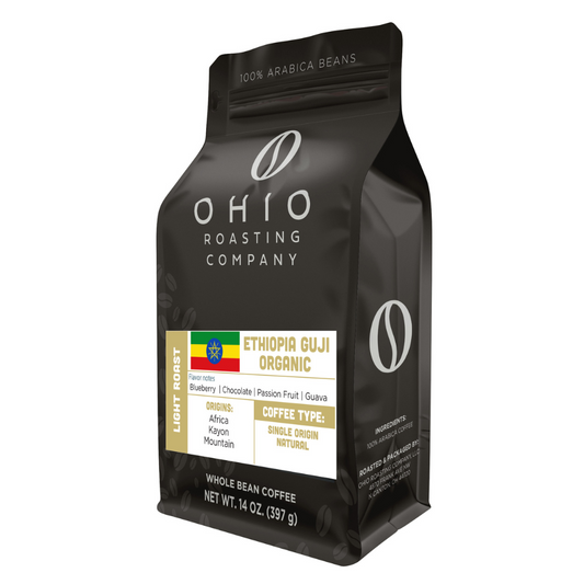 Black coffee bag from Ohio Roasting Company with Ethiopia Guji Organic label on a white background