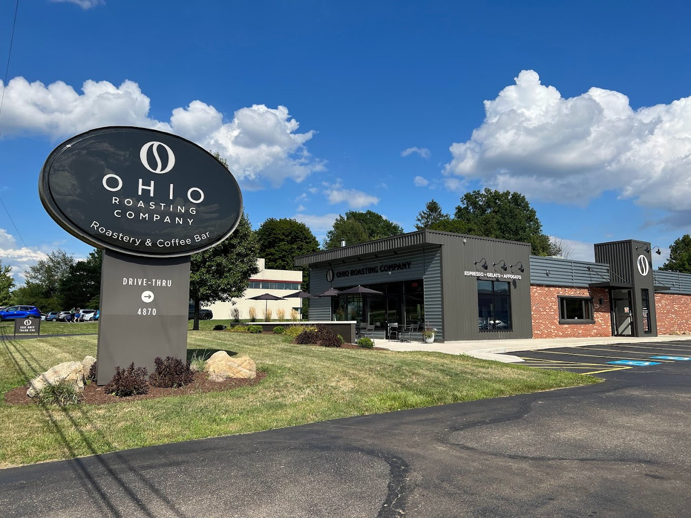 Front of Ohio Roasting Building including street sign