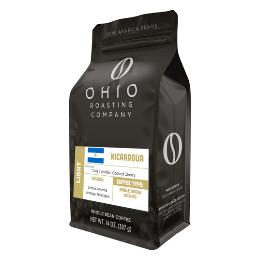 Black coffee bag from Ohio Roasting Company with Nicaragua label on a white background